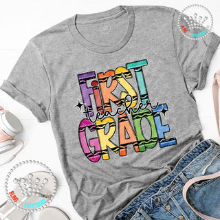 First Grade Crayon Alpha Graphic Print Unisex Short Sleeve Tee #27393
