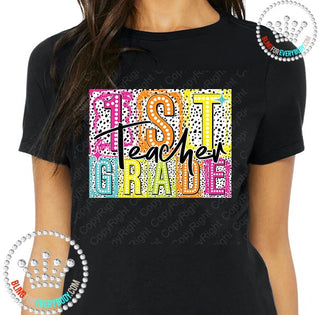 First Grade Teacher Neon Dalmation Graphic Print Unisex Short Sleeve Tee #27453