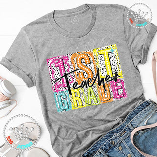 First Grade Teacher Neon Dalmation Graphic Print Unisex Short Sleeve Tee #27453