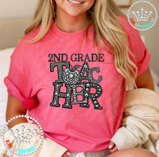 2nd Second Grade Teacher Faux Rhinestones Unisex Short Sleeve Tee #27633