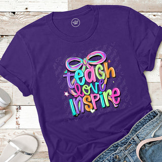 Teach Love Inspire Teacher Bow Bright Graphic Print Unisex Short Sleeve Tee #31415