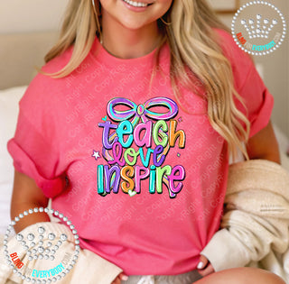 Teach Love Inspire Teacher Bow Bright Graphic Print Unisex Short Sleeve Tee #31415