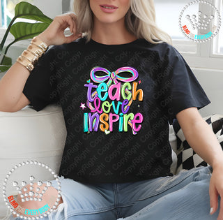 Teach Love Inspire Teacher Bow Bright Graphic Print Unisex Short Sleeve Tee #31415