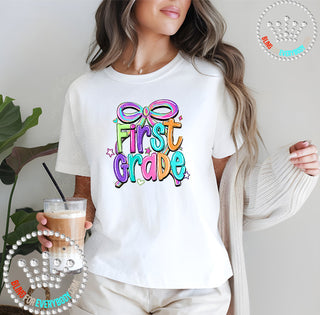 First Grade Bow Bright Graphic Print Unisex Short Sleeve Tee #31416
