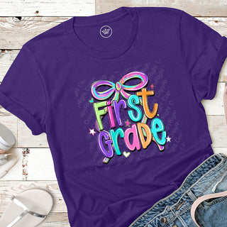 First Grade Bow Bright Graphic Print Unisex Short Sleeve Tee #31416