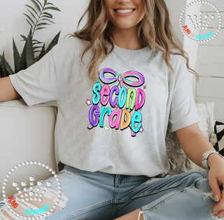 Second Grade Bow Bright Graphic Print Unisex Short Sleeve Tee #31417
