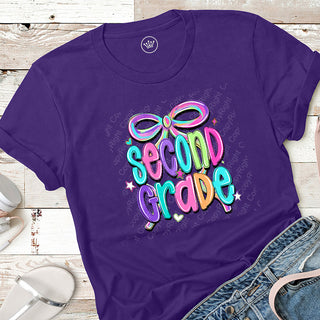 Second Grade Bow Bright Graphic Print Unisex Short Sleeve Tee #31417