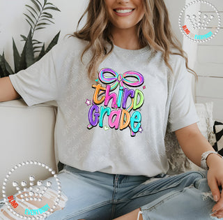 Third Grade Bow Bright Graphic Print Unisex Short Sleeve Tee #31418