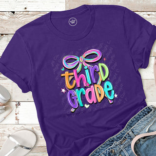 Third Grade Bow Bright Graphic Print Unisex Short Sleeve Tee #31418