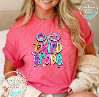 Third Grade Bow Bright Graphic Print Unisex Short Sleeve Tee #31418