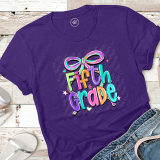 Fifth Grade Bow Bright Graphic Print Unisex Short Sleeve Tee #31420