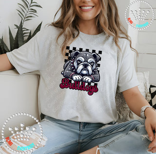 Bulldogs Checkered Maroon Faux Bling Mascot Graphic Print Unisex Short Sleeve Tee #31993