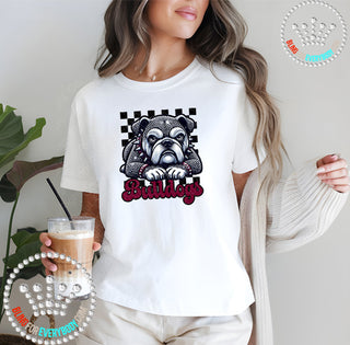 Bulldogs Checkered Maroon Faux Bling Mascot Graphic Print Unisex Short Sleeve Tee #31993