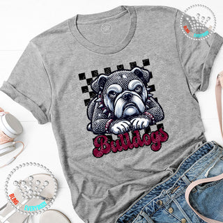 Bulldogs Checkered Maroon Faux Bling Mascot Graphic Print Unisex Short Sleeve Tee #31993