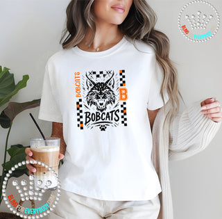 Bobcats Black Checkerboard Mascot Graphic Print Unisex Short Sleeve Tee #32044