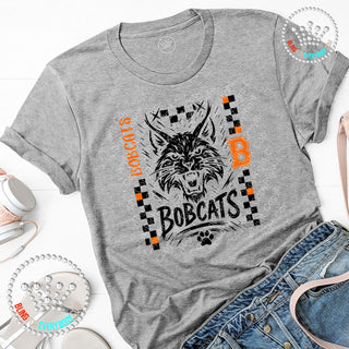Bobcats Black Checkerboard Mascot Graphic Print Unisex Short Sleeve Tee #32044