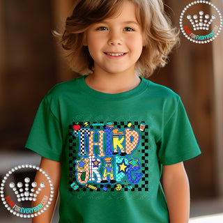 Third Grade Bright Check Border YOUTH Short Sleeve Tee #32067
