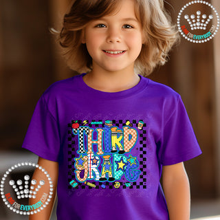 Third Grade Bright Check Border YOUTH Short Sleeve Tee #32067