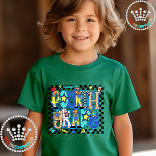 Fourth Grade Bright Check Border YOUTH Short Sleeve Tee #32068