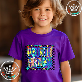 Fourth Grade Bright Check Border YOUTH Short Sleeve Tee #32068