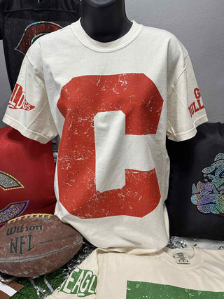 Giant C Distressed Letter - Carthage Bulldogs -with Custom Sleeves Graphic Print Tee